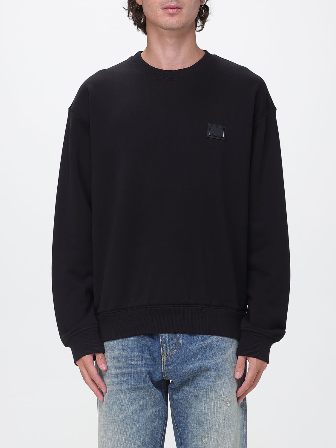 DOLCE & GABBANA Felpa girocollo in cotone con logo tono su tono e spalle cadute