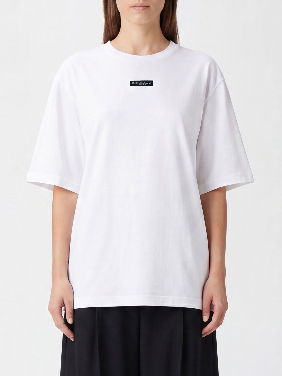 DOLCE & GABBANA T-shirt girocollo in cotone con logo a contrasto e spalle cadute