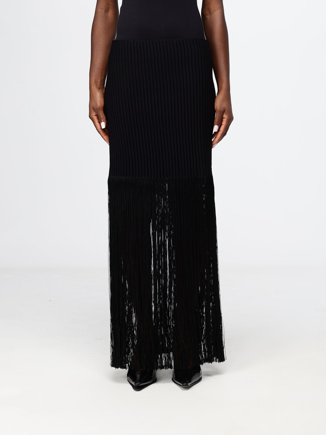 ALAÏA High-Waisted Ribbed-Knit Pencil Maxi Skirt with Fringes
