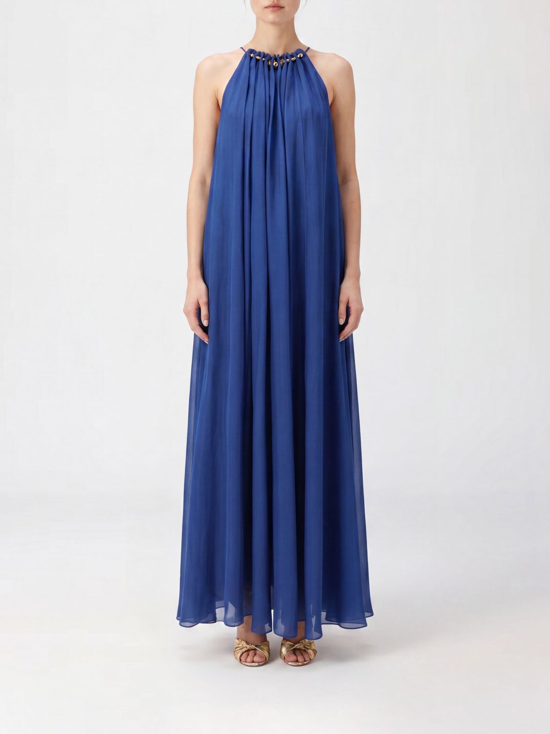 ZIMMERMANN Pleated Silk Long Dress with Halter Neckline