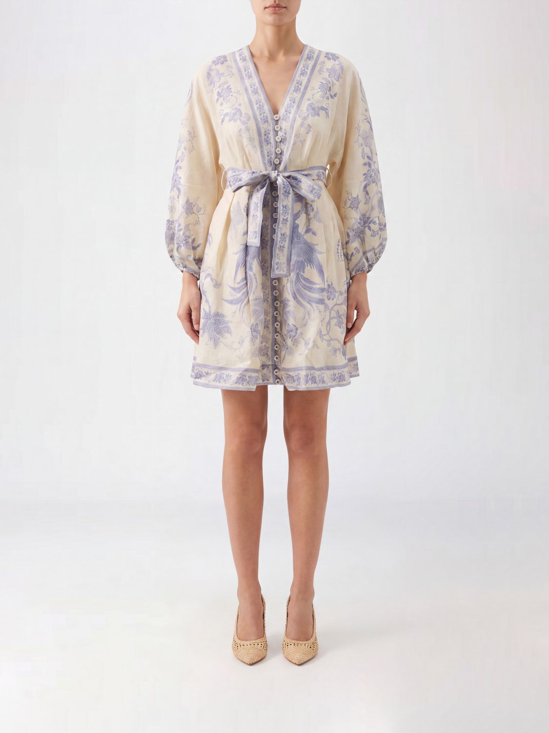 ZIMMERMANN Floral-Print Linen Mini Tunic with Balloon Sleeves