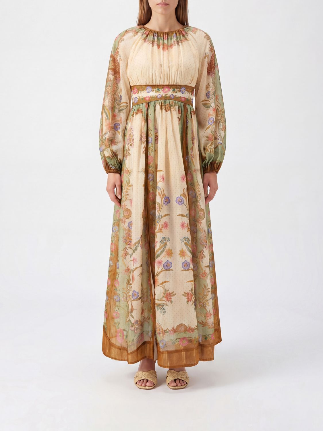 ZIMMERMANN Indra Floral-Print Cotton and Silk Long Dress with Contrast Trims