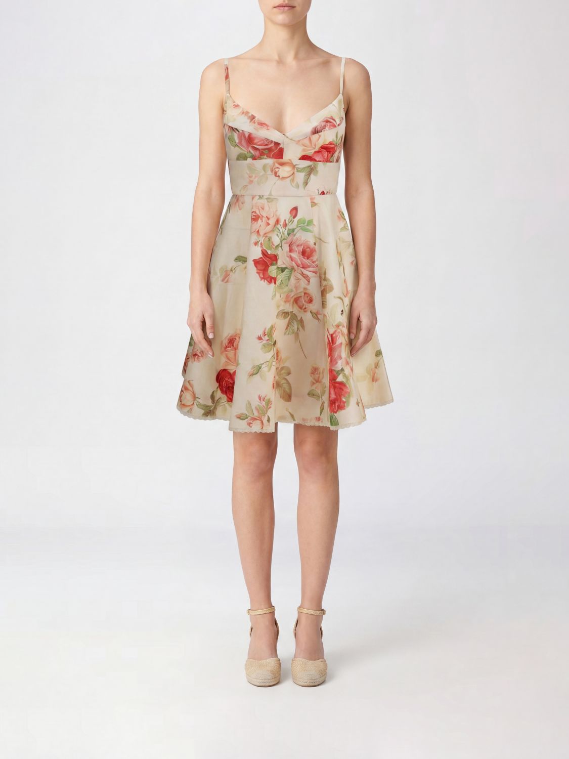 ZIMMERMANN Roselight Floral Linen Minidress with Thin Straps and High Waist