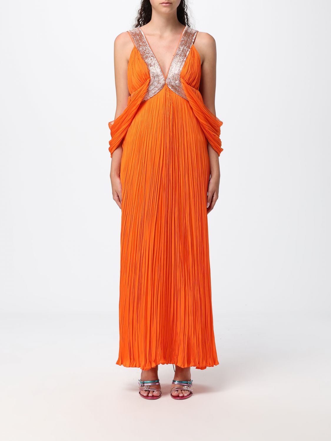 ALBERTA FERRETTI Long Pleated Silk Kaftan with Off-the-Shoulder Design