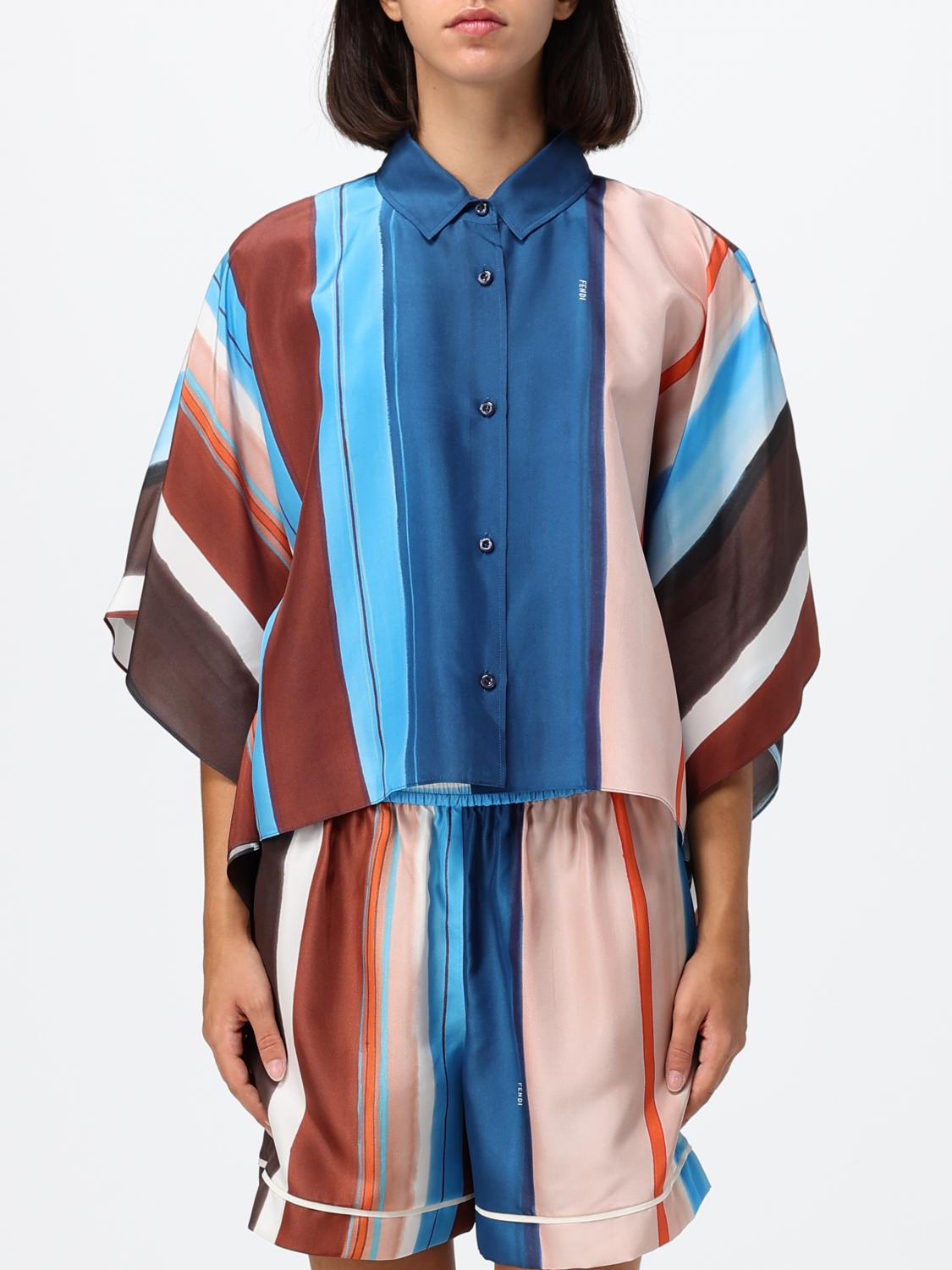 Fendi Cropped Silk Shirt with Multicolour Stripes and Dropped Shoulders