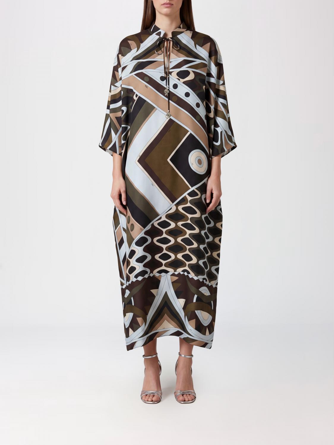 PUCCI Geometric Print Silk Midi Kaftan with Mandarin Collar