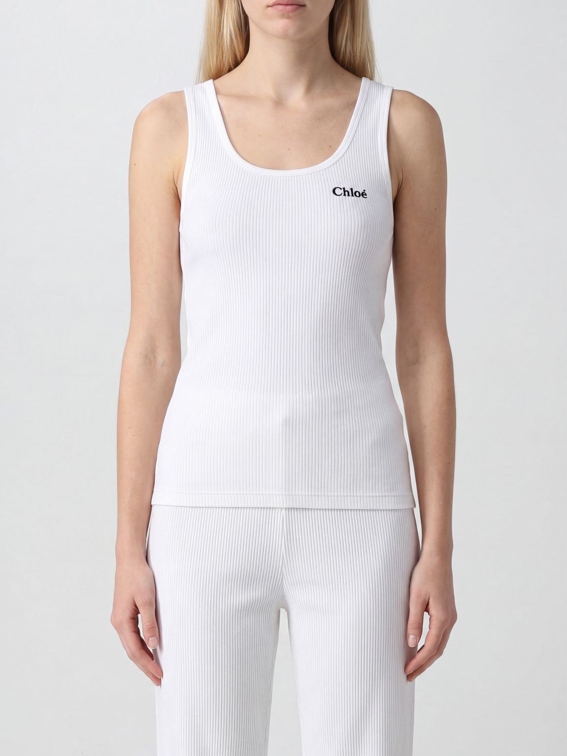 CHLOÉ Slim Fit Ribbed Jersey Tank Top with U-Neck and Embroidered Logo