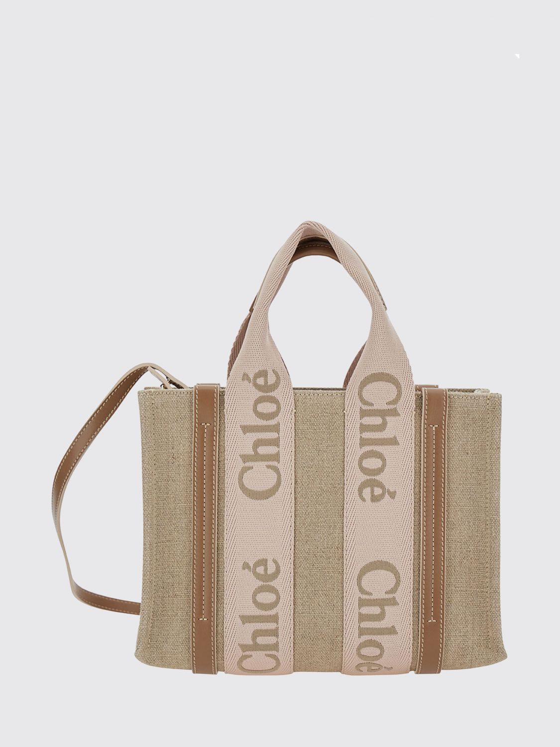 CHLOÉ Small Woody Linen Canvas Tote Bag with Logo Ribbon Handles