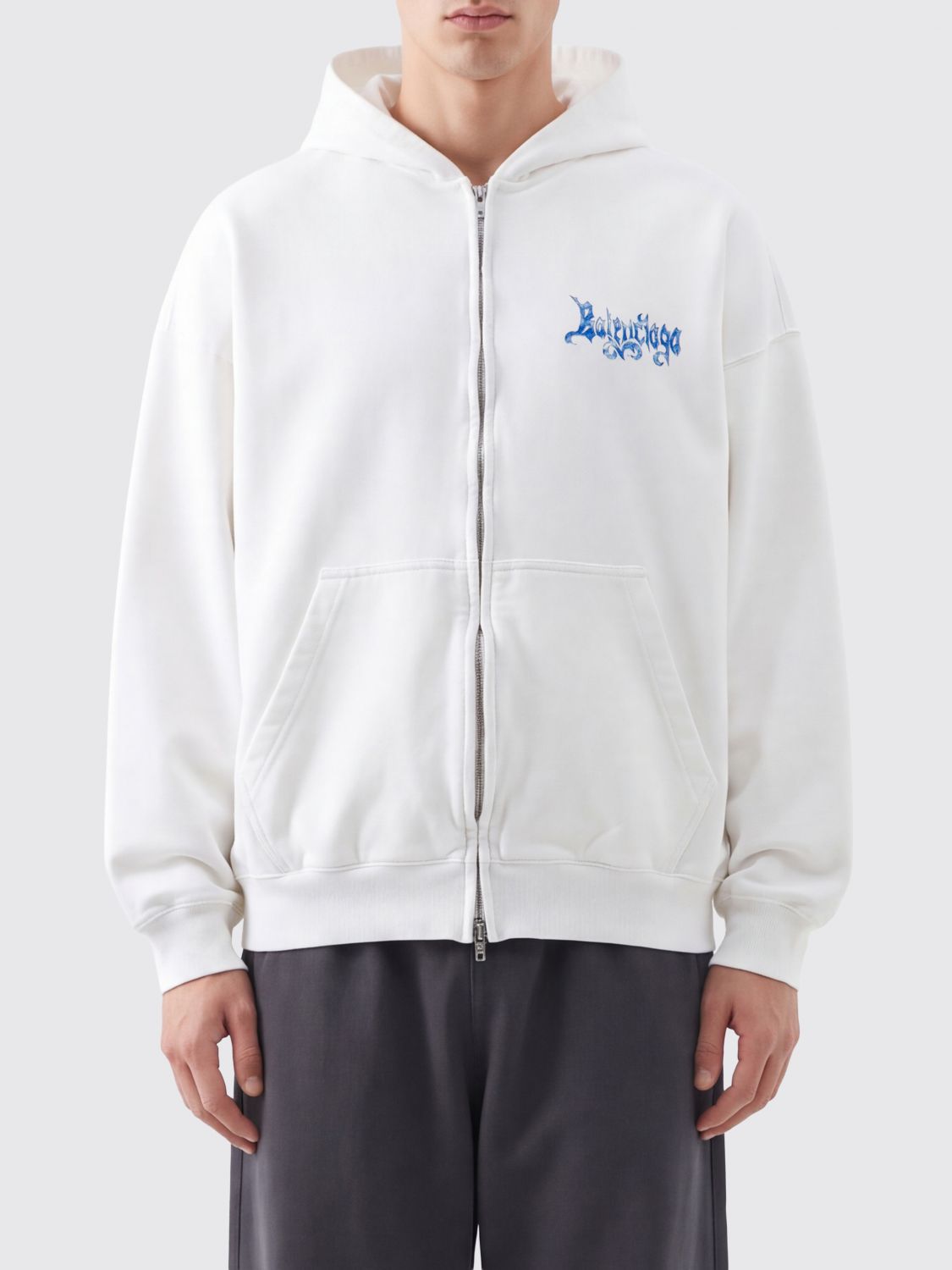 BALENCIAGA Baumwoll-Kapuzenjacke mit Reißverschluss, Kängurutasche und überschnittenen Schultern