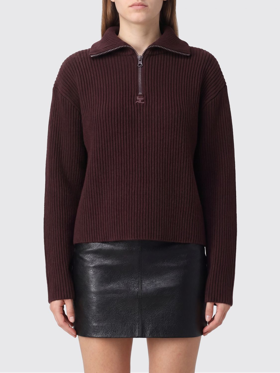 COURRÈGES Dolcevita a coste in pura lana merino con chiusura a mezza zip