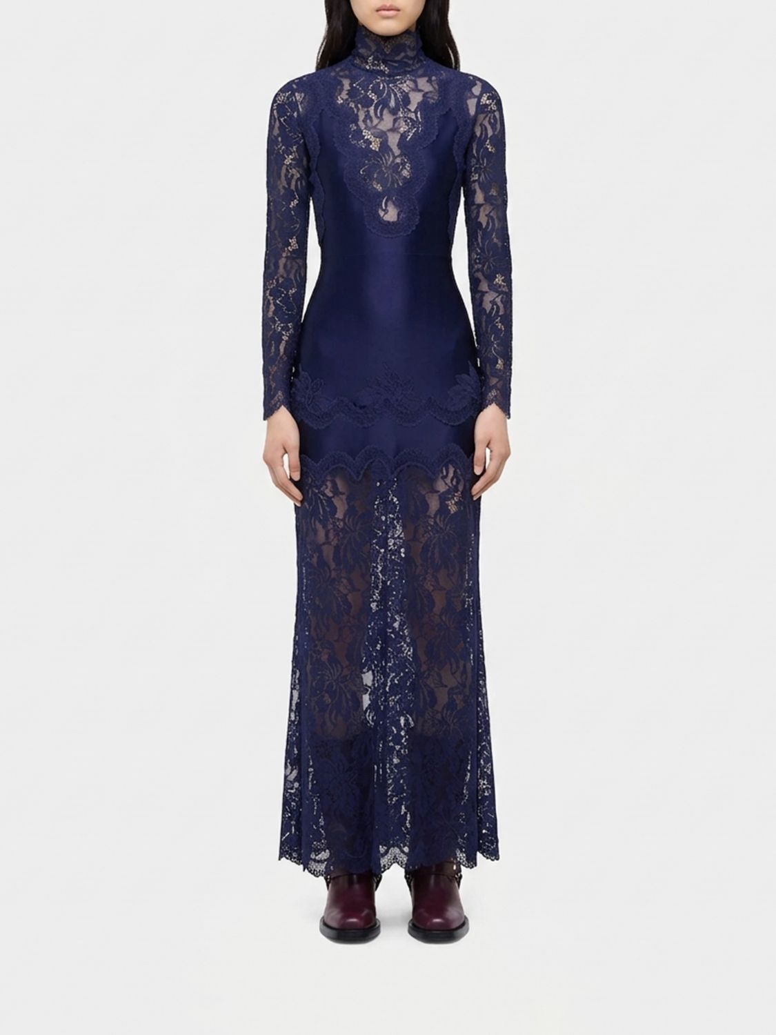 RABANNE Long-Sleeved Satin and Lace High-Neck Gown with Bow Detail RABANNE Long-Sleeved Satin and Lace High-Neck Gown with Bow Detail