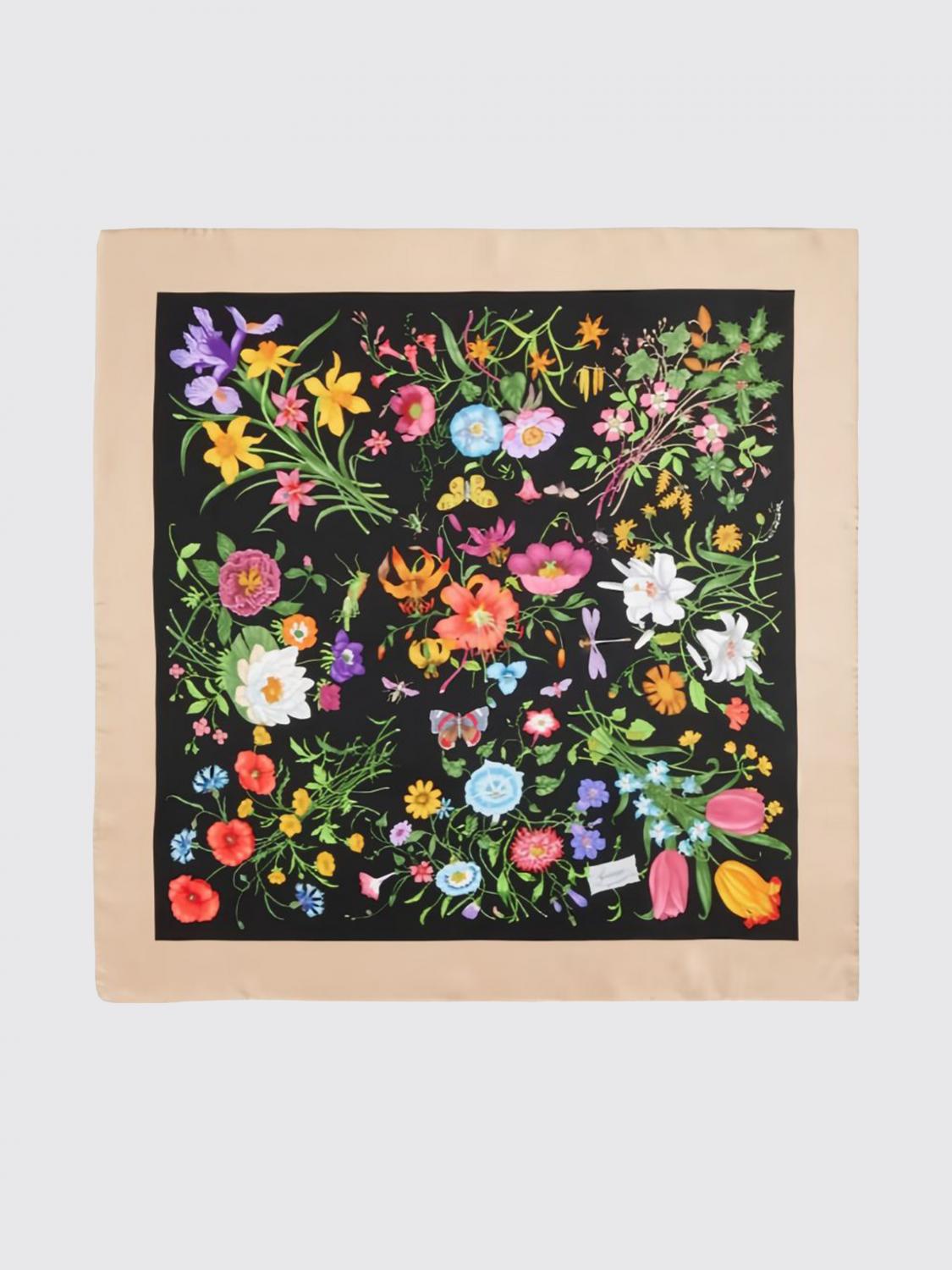 GUCCI Foulard quadrato in pura seta con stampa floreale e logo a contrasto