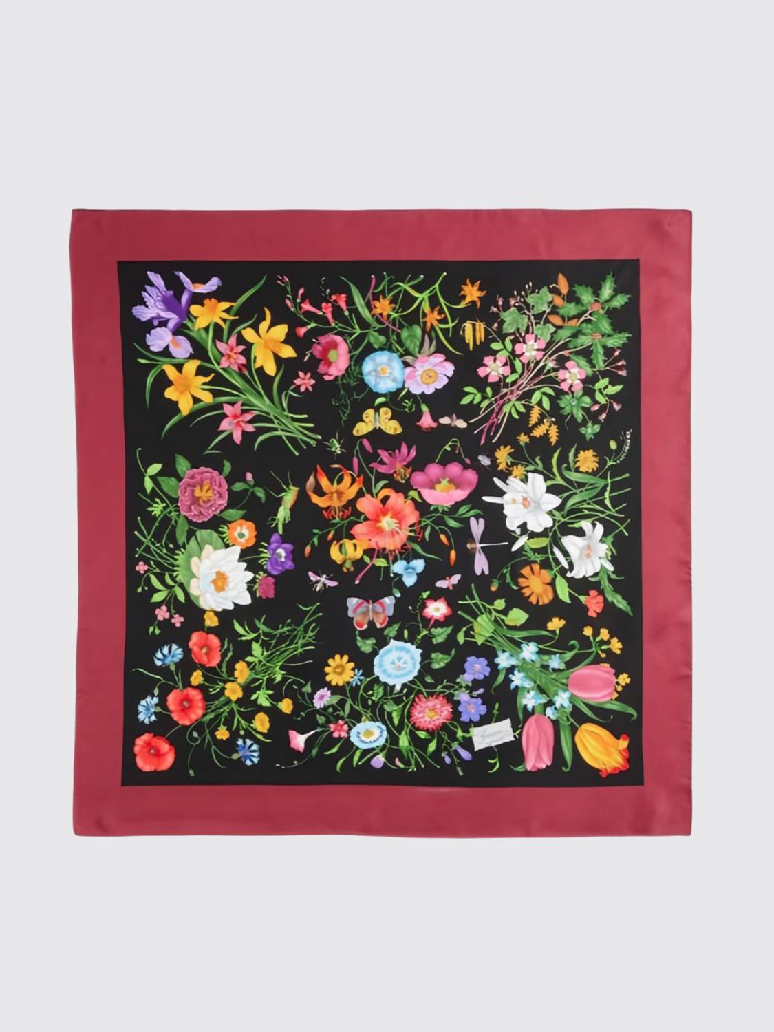 GUCCI Foulard quadrato in pura seta con stampa floreale e logo a contrasto