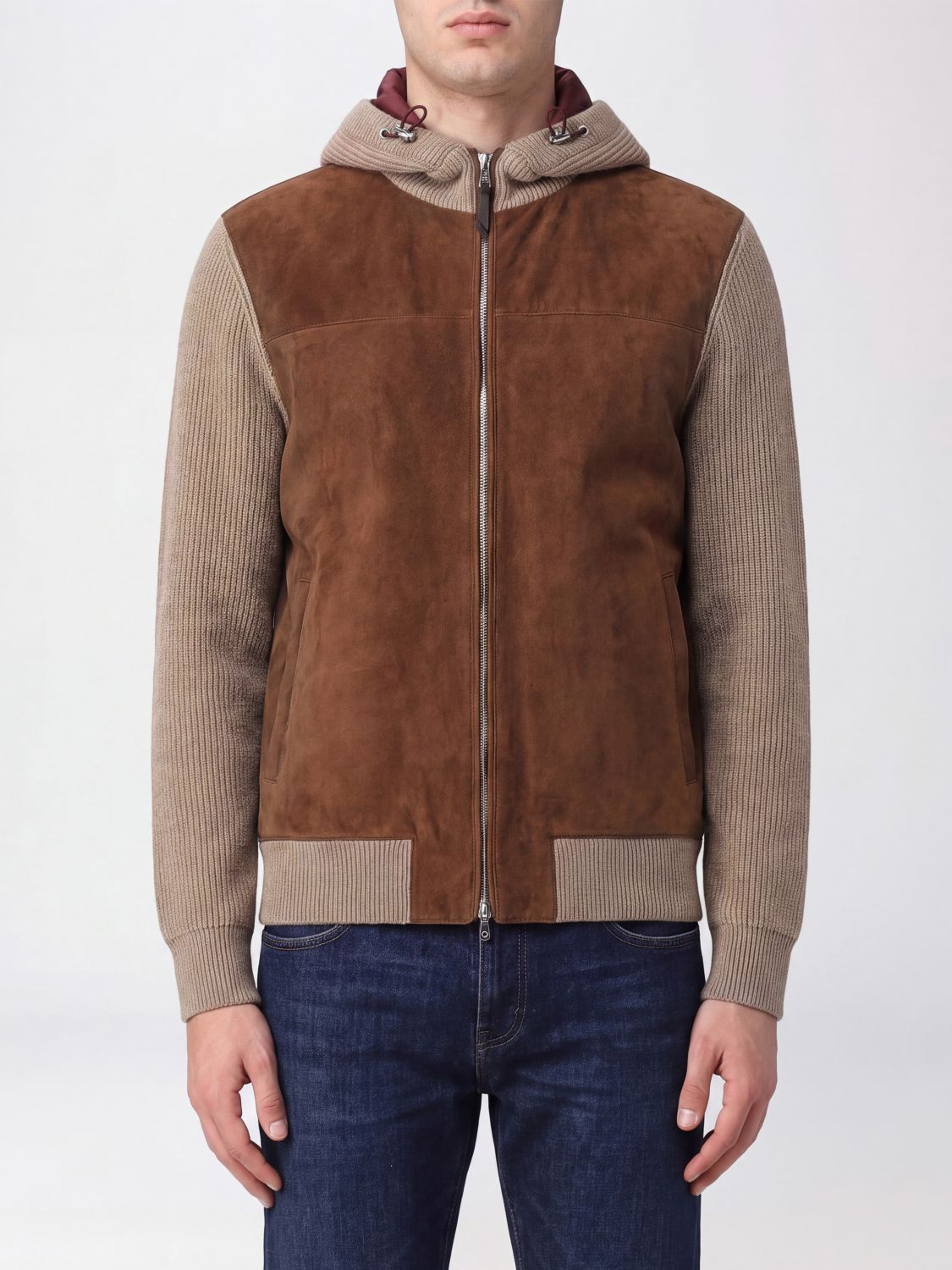 BRUNELLO CUCINELLI Bomber in pelle scamosciata e cashmere con cappuccio