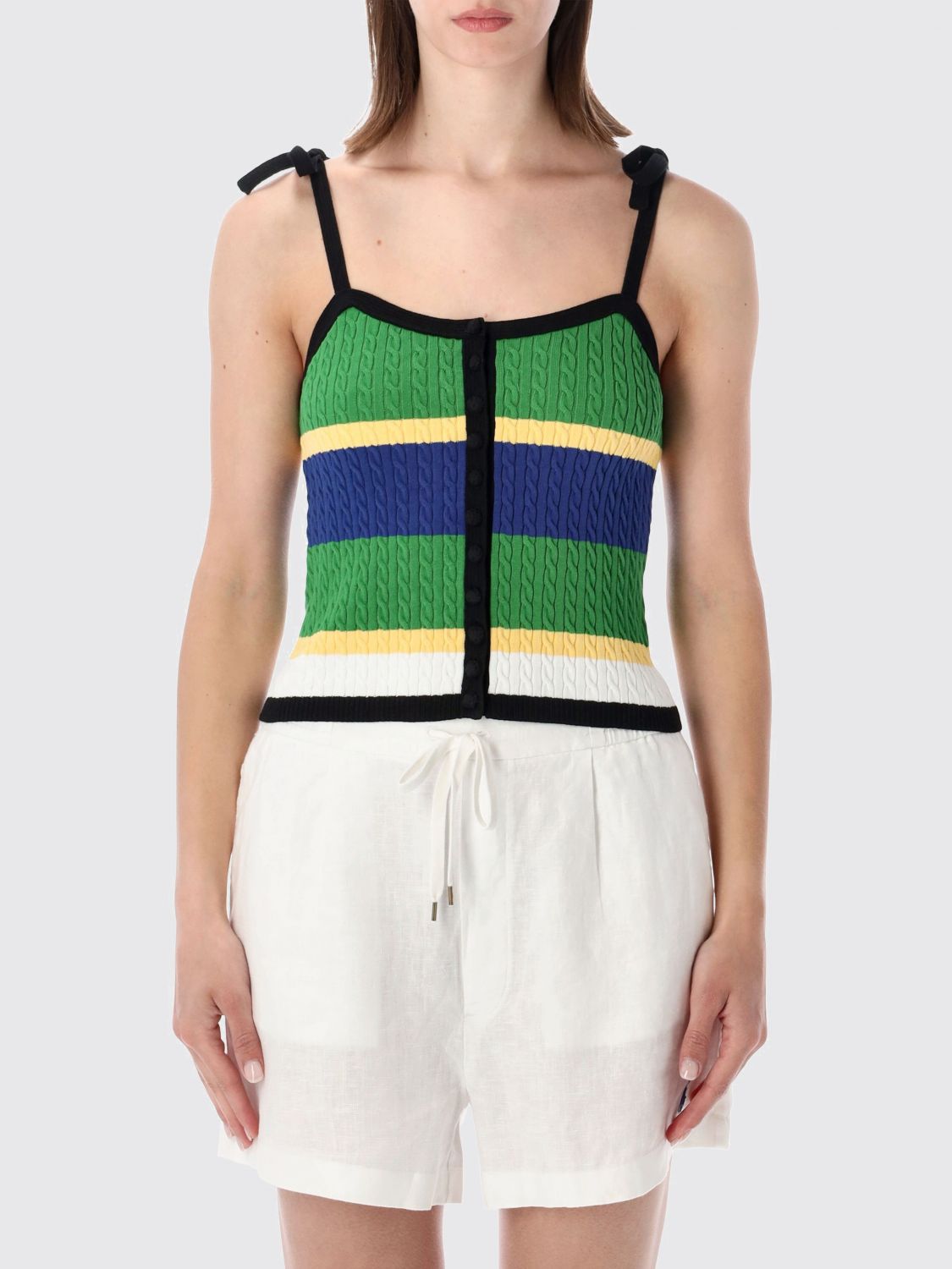 POLO RALPH LAUREN Top cropped in maglia di cotone a righe con spalle scoperte