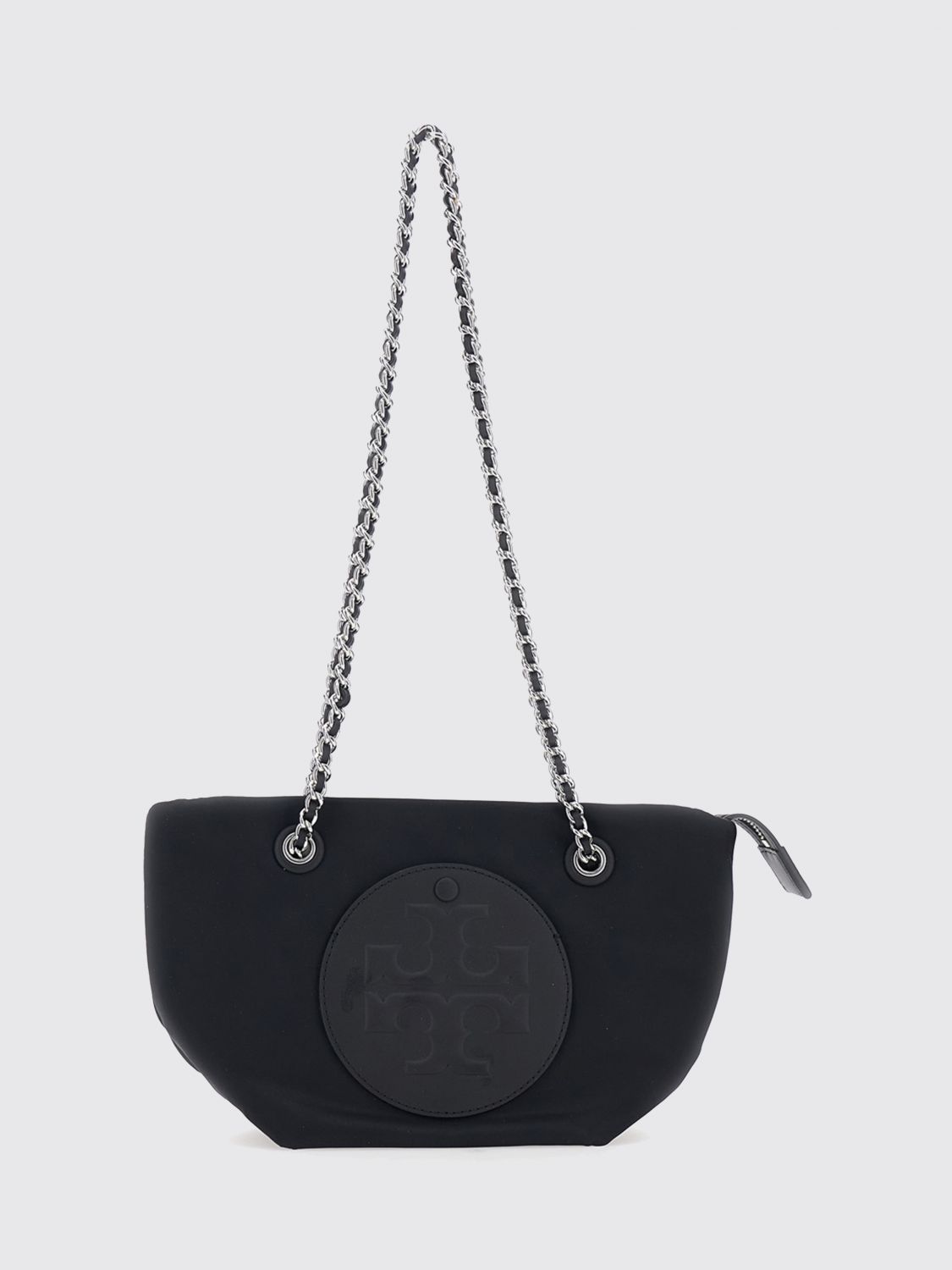 TORY BURCH Nylon Shoulder Bag with Woven Leather and Chain Double Handle　TORY BURCH ナイロン ショルダーバッグ ウーブンレザー チェーン ダブルハンドル付き TORY
