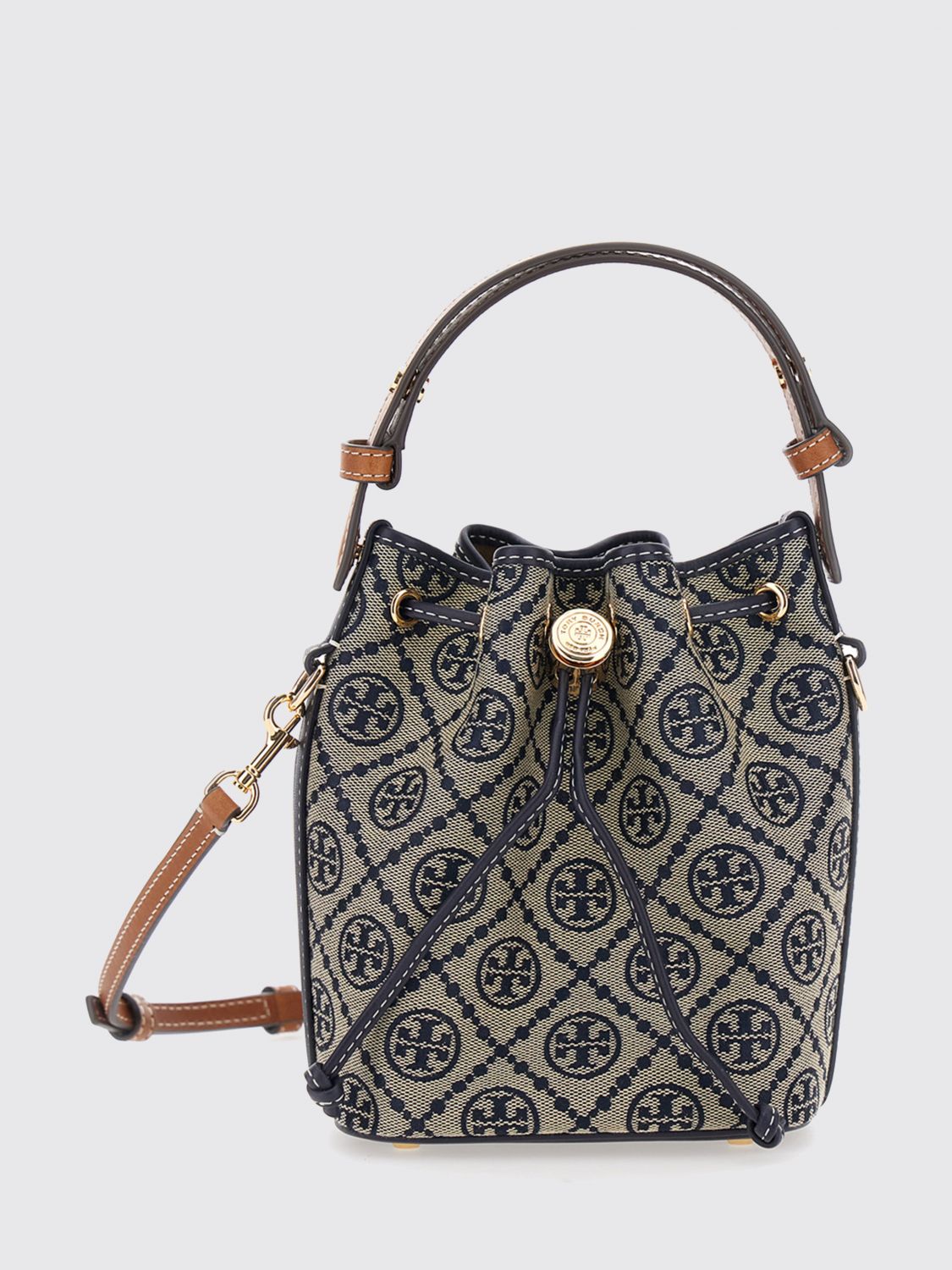 TORY BURCH Mini borsa a secchiello T Monogram in canvas jacquard con logo