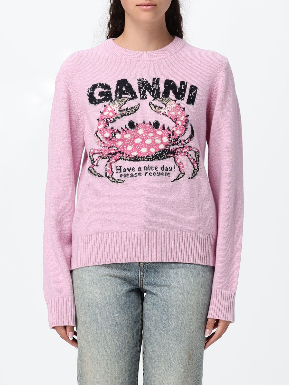 GANNI Rundhalspullover aus recycelter Wollmischung mit Grafikdruck und Logo