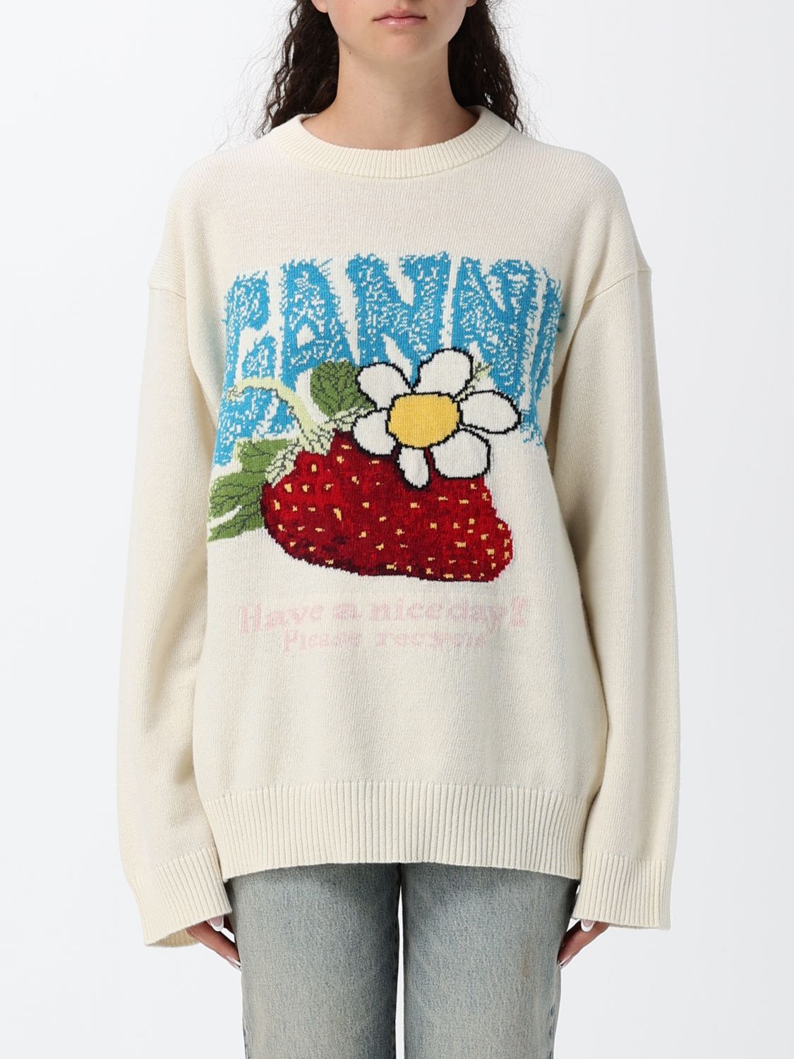 GANNI Relaxed Fit Recycled Wool-Blend Jumper with Jacquard Logo