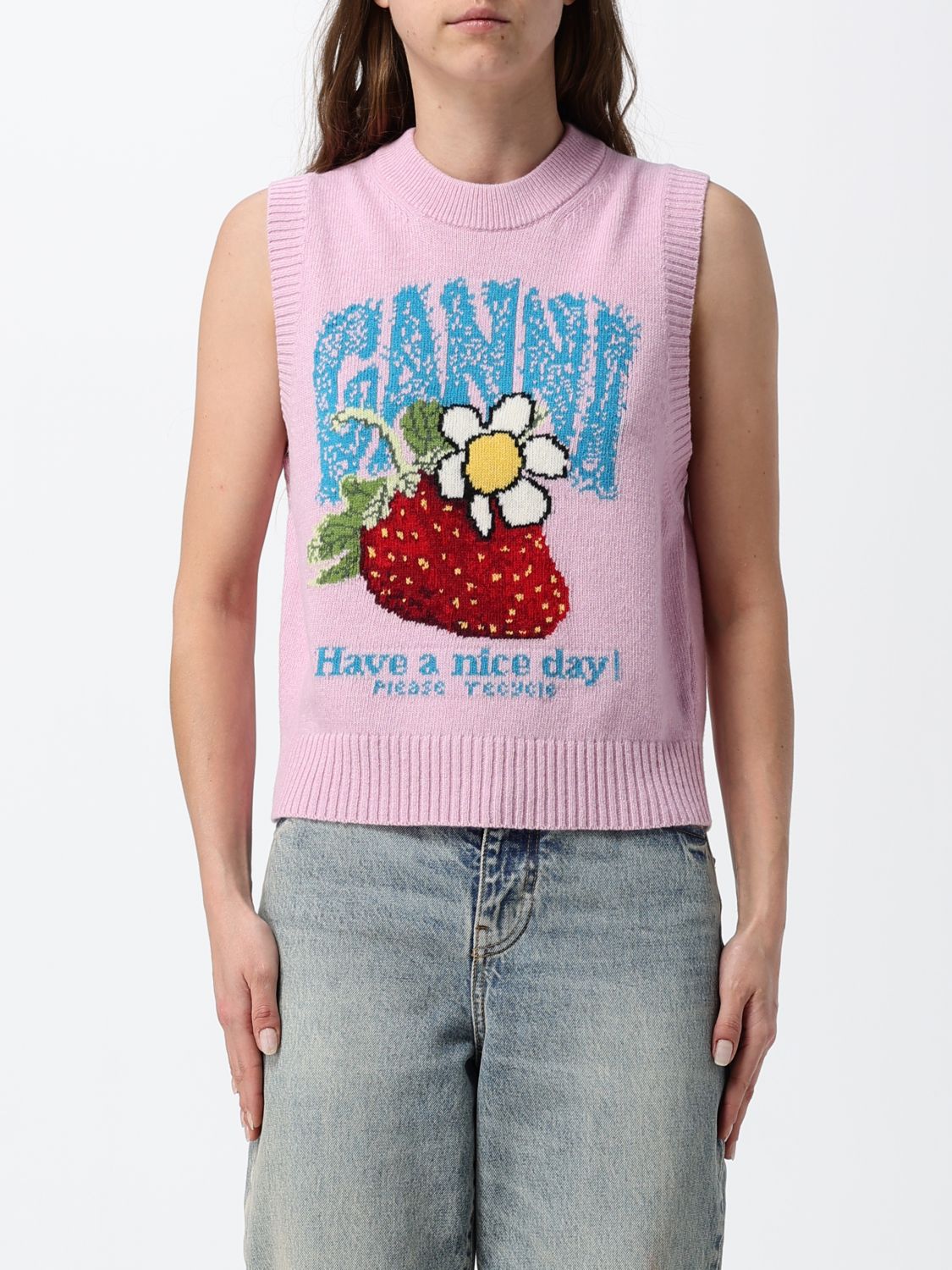 GANNI Slim Fit Recycled Wool-Blend Knit Vest with Jacquard Logo