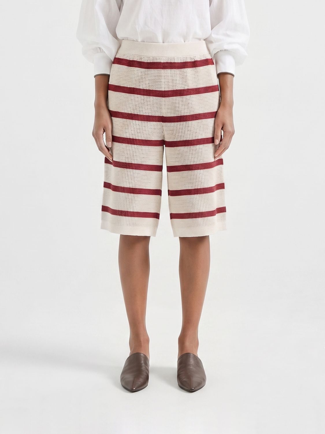 BRUNELLO CUCINELLI Striped High-Waisted Crochet Cotton Bermuda Shorts