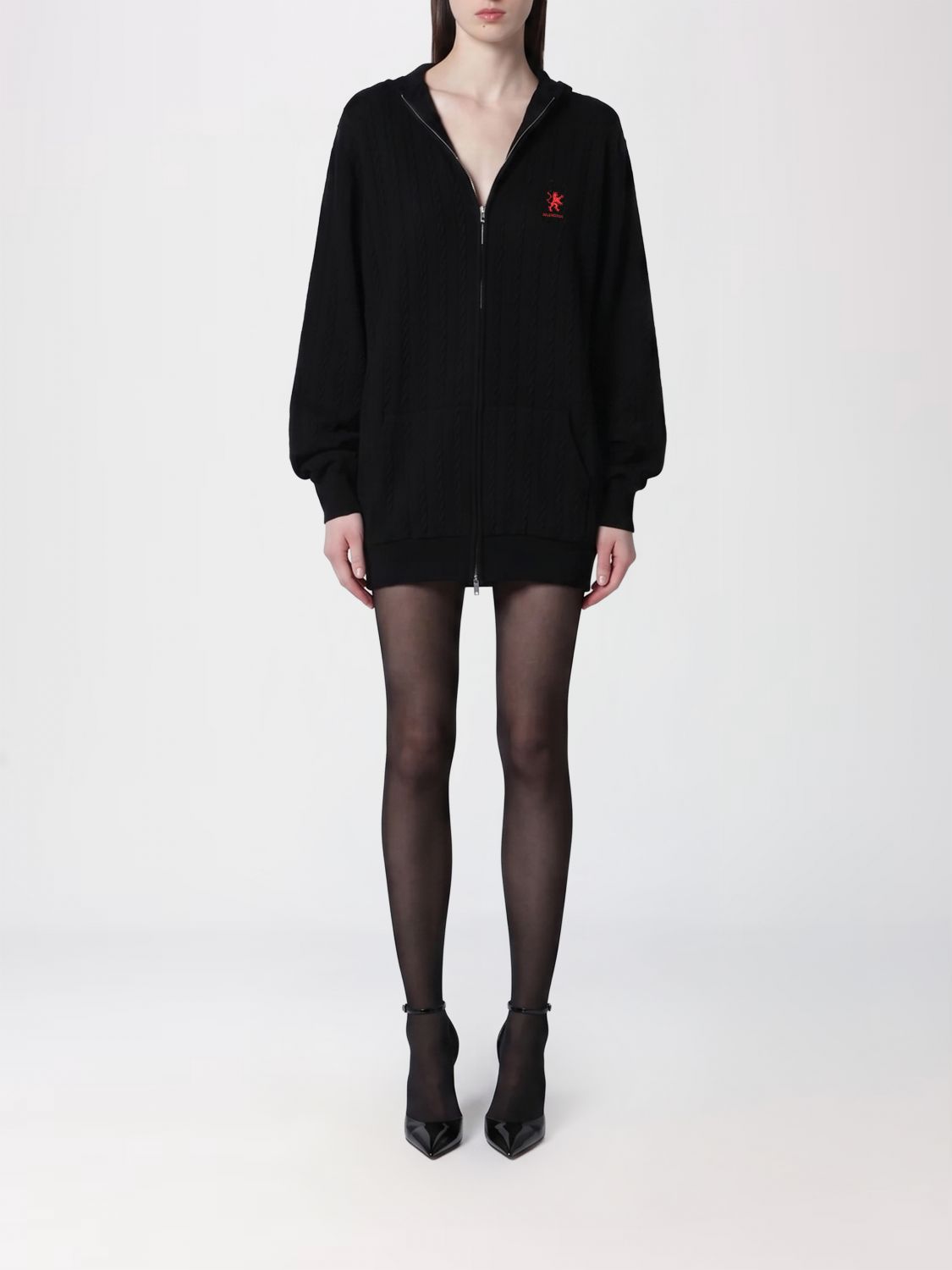 BALENCIAGA Linen Hooded Mini Sweatshirt Dress with Embroidered Logo
