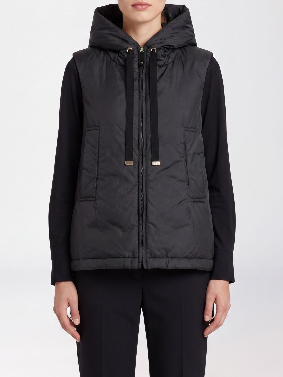 Max Mara The Cube Padded Technical Fabric Vest with Hood and High Neck