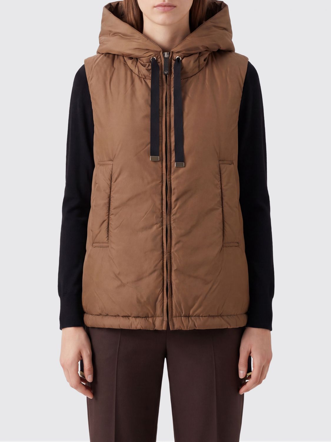Max Mara The Cube Padded Technical Fabric Vest with Hood and High Neck