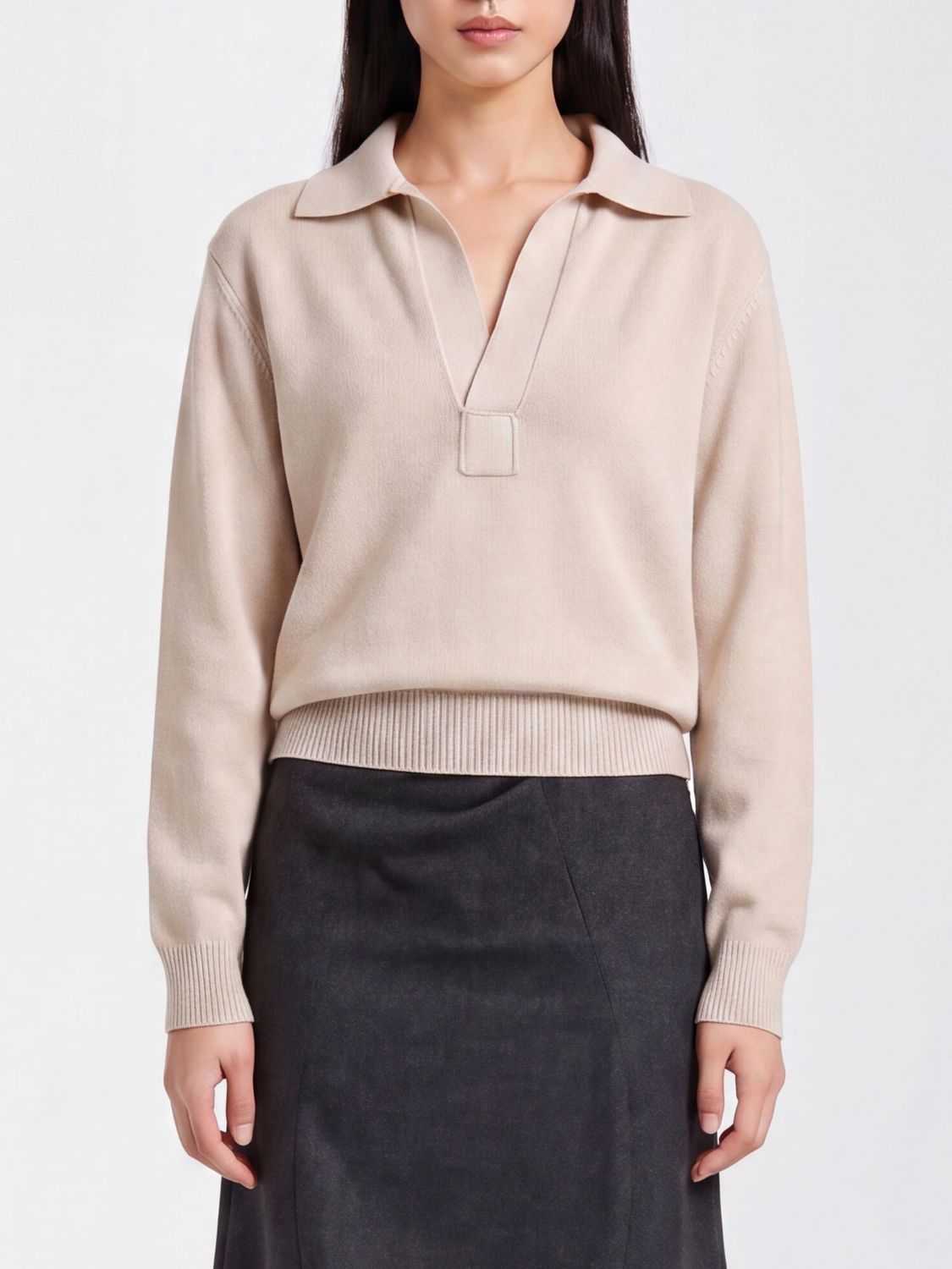 VICTORIA VICTORIA BECKHAM V-Neck Merino Wool and Cashmere Blend Knit Polo