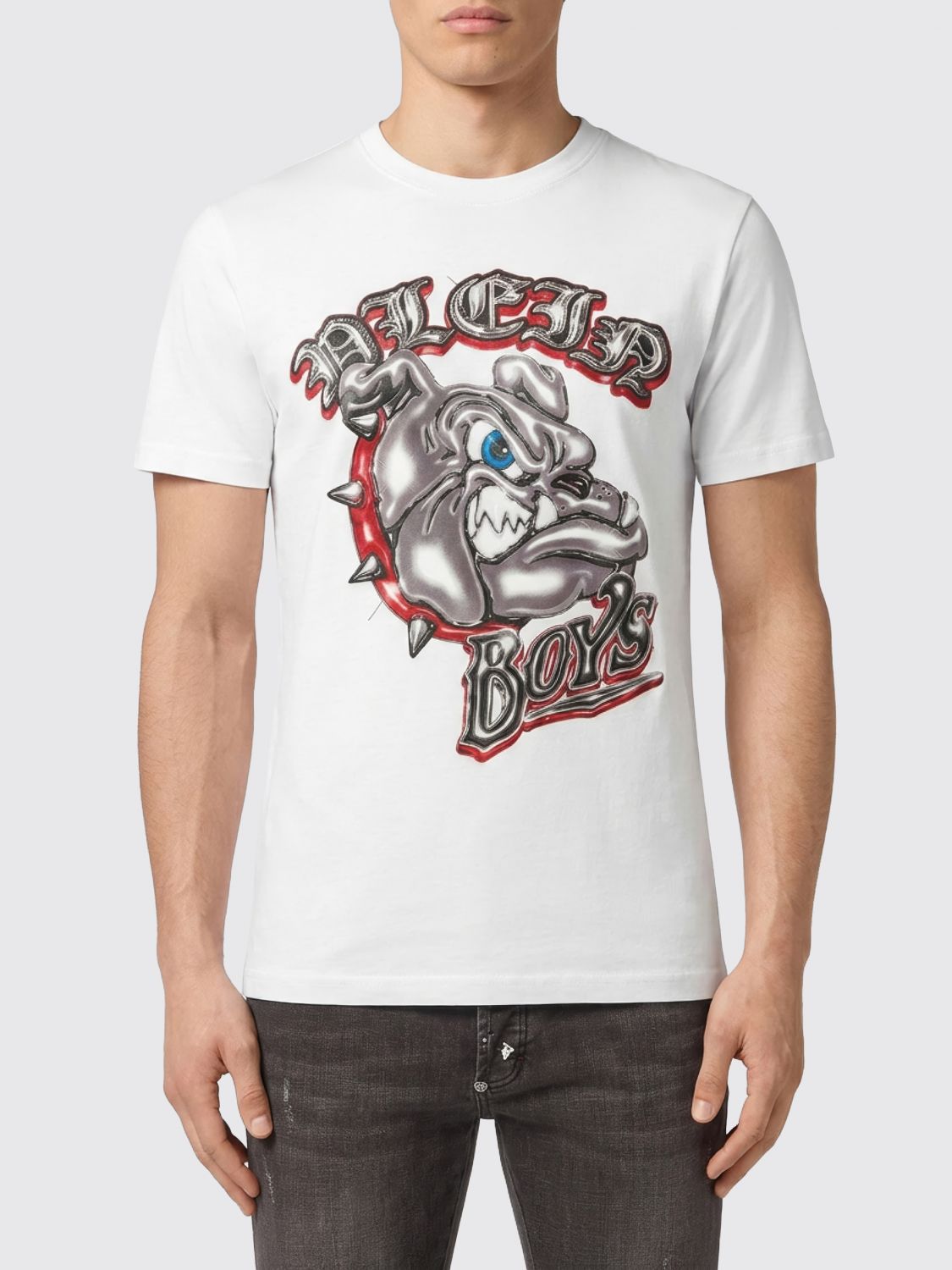 PHILIPP PLEIN Crewneck T-Shirt in White Cotton with Graphic Print and Logo