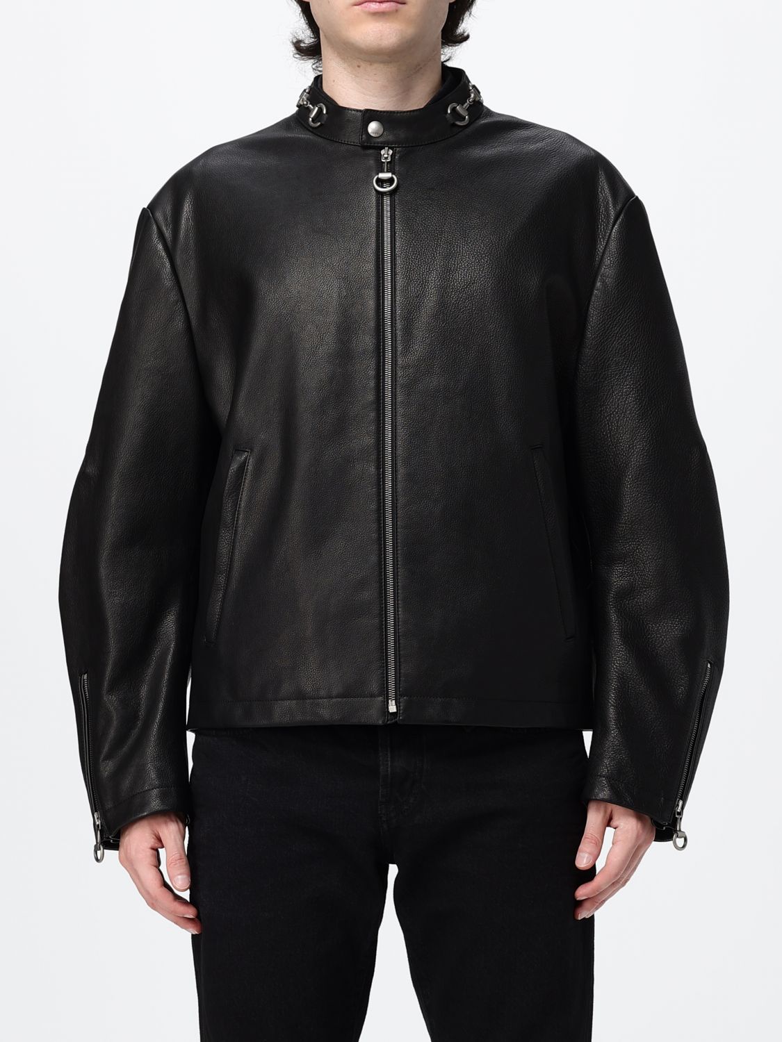 GUCCI Two-Tone Leather Biker Jacket with Zipped Cuffs and Slit Pockets