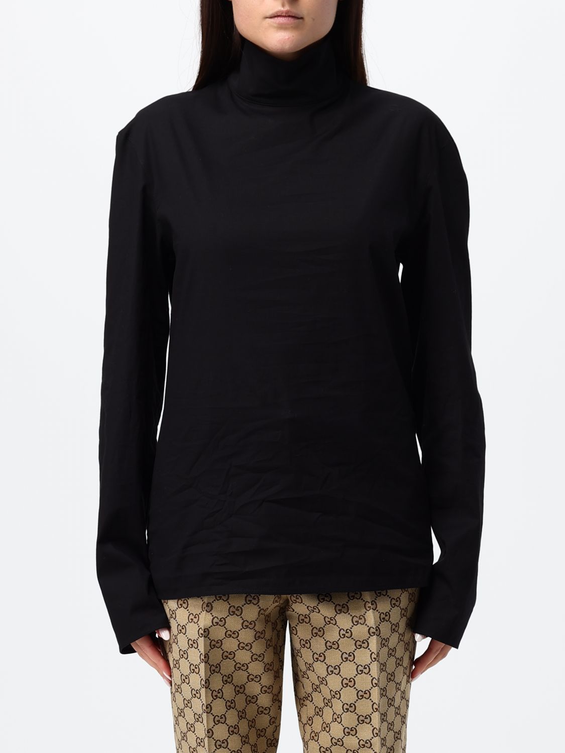 GUCCI Top dolcevita slim fit in popeline di cotone a maniche lunghe