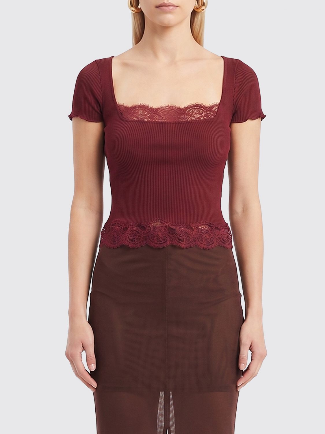 SAINT LAURENT Top slim fit in seta a coste con inserti in pizzo