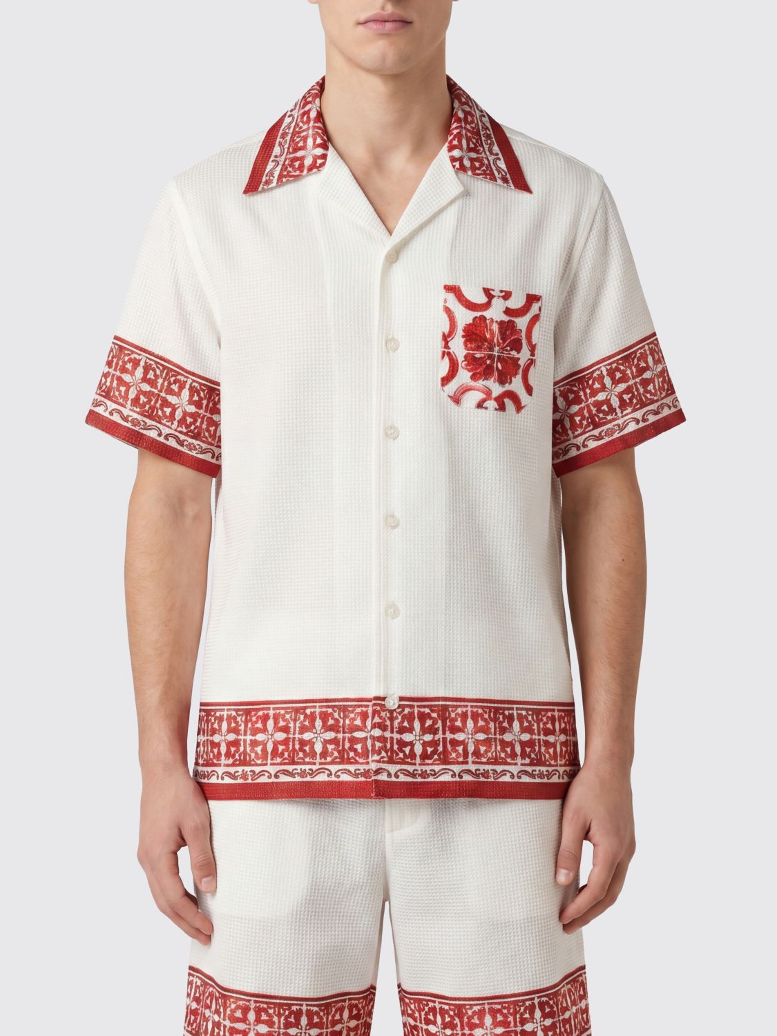 DOLCE & GABBANA Short-Sleeve Silk Bowling Shirt with Majolica Print