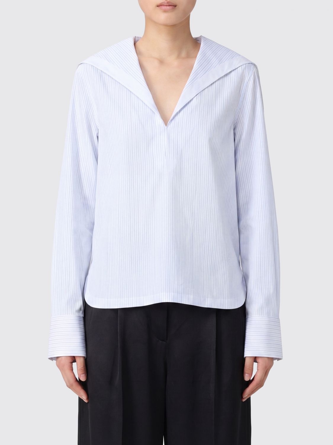 ALAÏA Striped Cotton Poplin Hooded Shirt with V-Neck