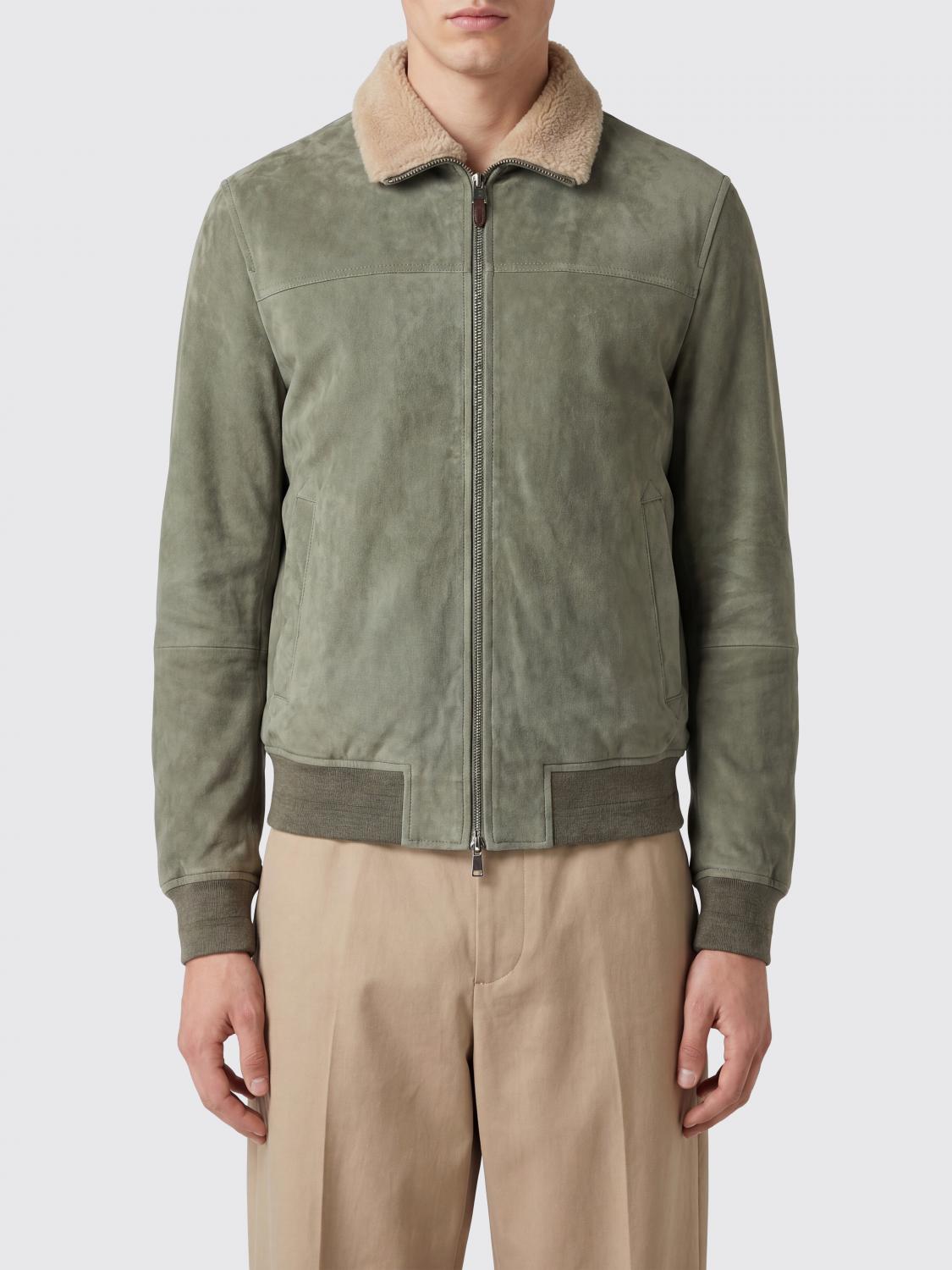 CANALI Bomber in pelle scamosciata con collo in pelliccia e fondo elasticizzato