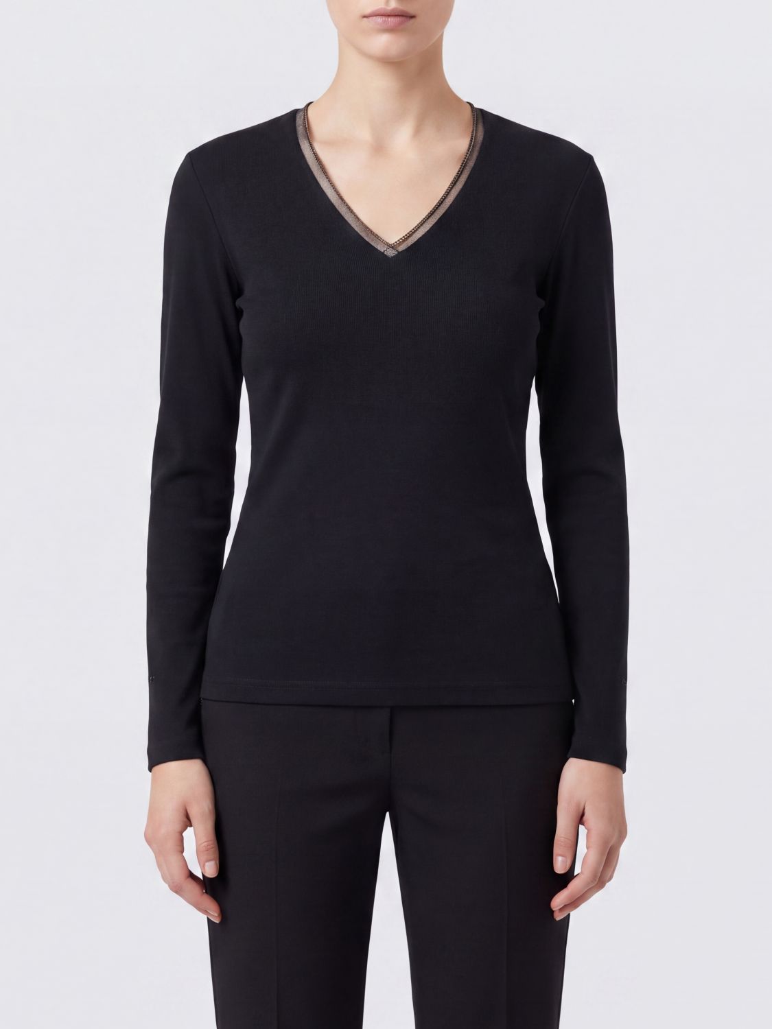 FABIANA FILIPPI Langärmeliges V-Ausschnitt T-Shirt aus Baumwolle mit Kontrastbesätzen