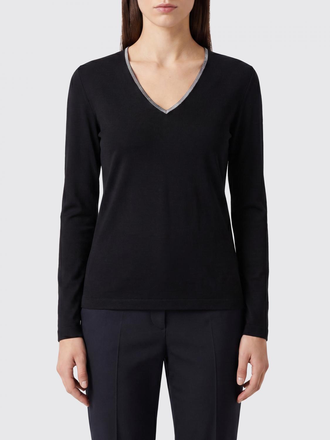 FABIANA FILIPPI T-shirt a maniche lunghe in cotone con scollo a V e profili a contrasto