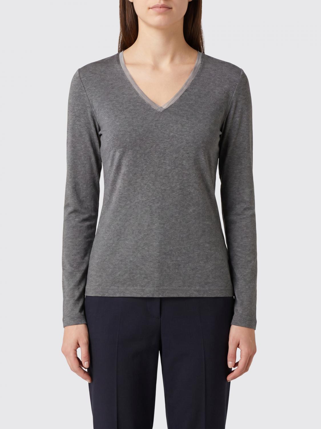 FABIANA FILIPPI T-shirt a maniche lunghe in cotone con scollo a V e profili a contrasto