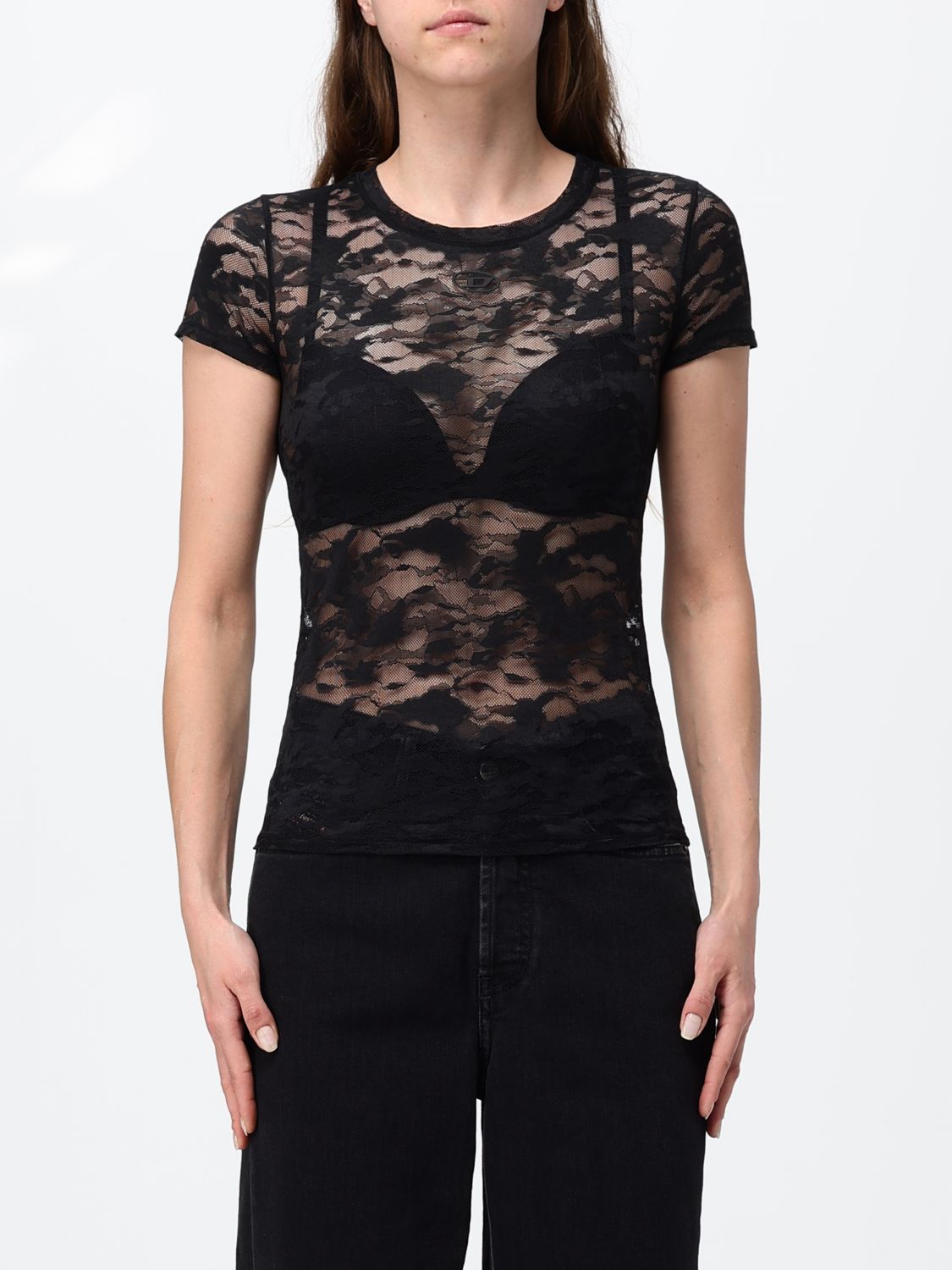DIESEL Kasia Slim Fit Sheer Lace Top with a Crew Neck　DIESEL Kasia スリムフィット シアー レース トップス クルーネック DIESEL
