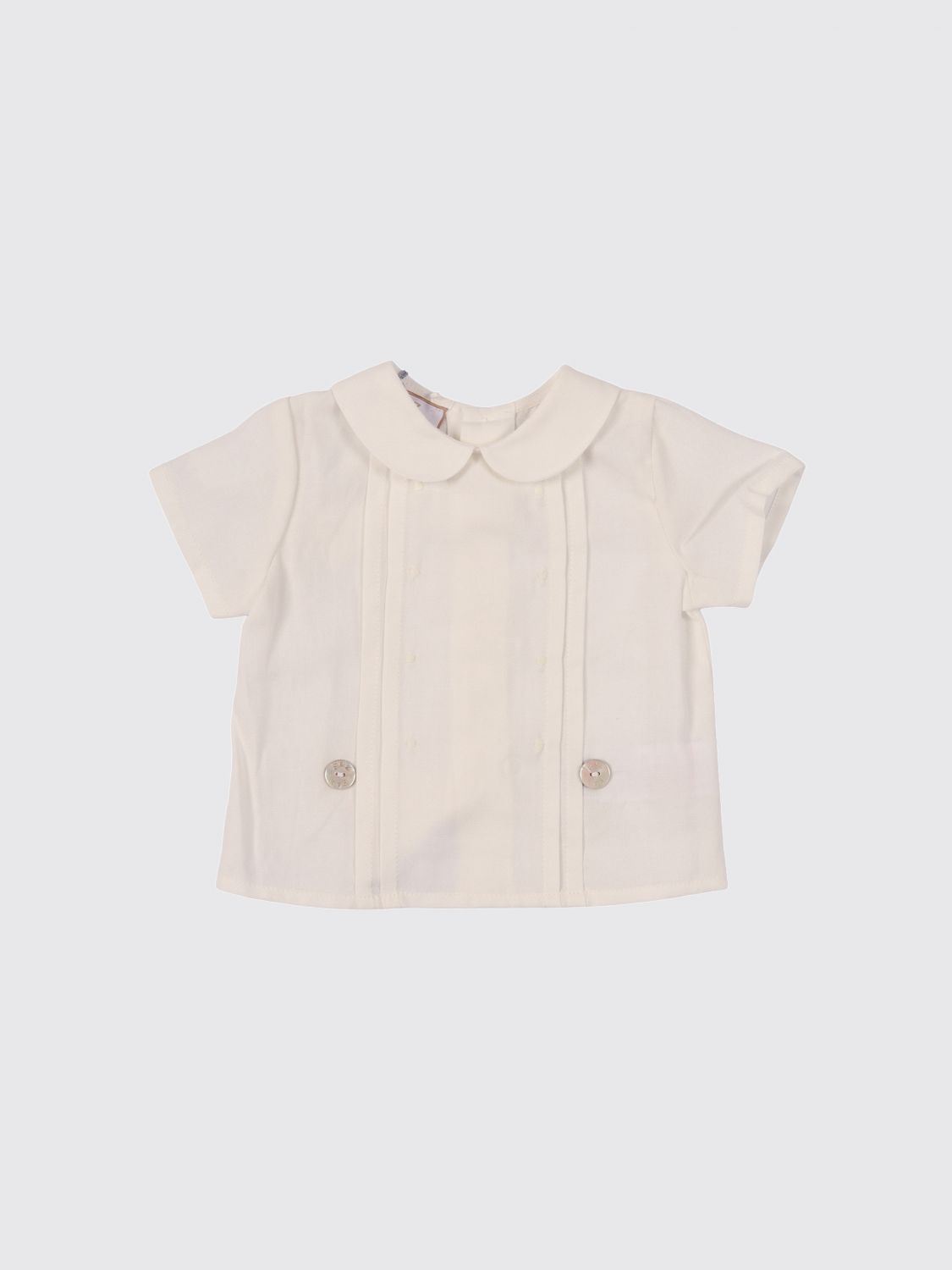 PAZ RODRIGUEZ Camicia a maniche corte da bambino in lino e cotone con collo Peter Pan