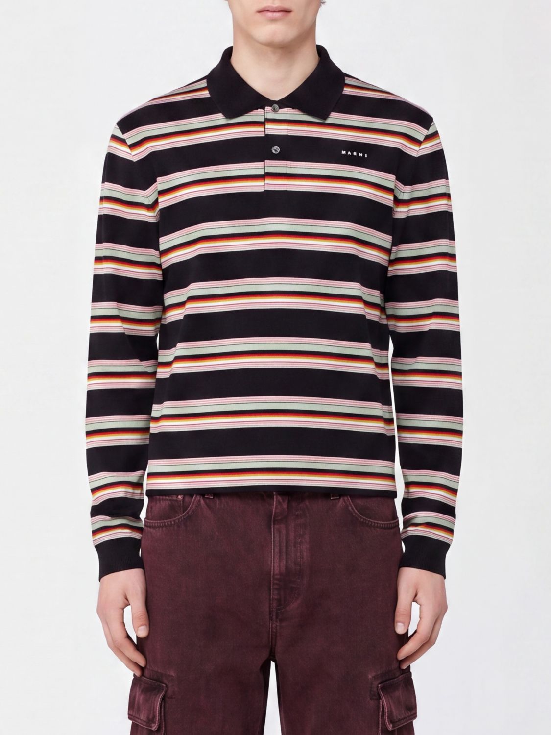 MARNI Long-Sleeved Striped Cotton Polo Shirt with Contrast Logo