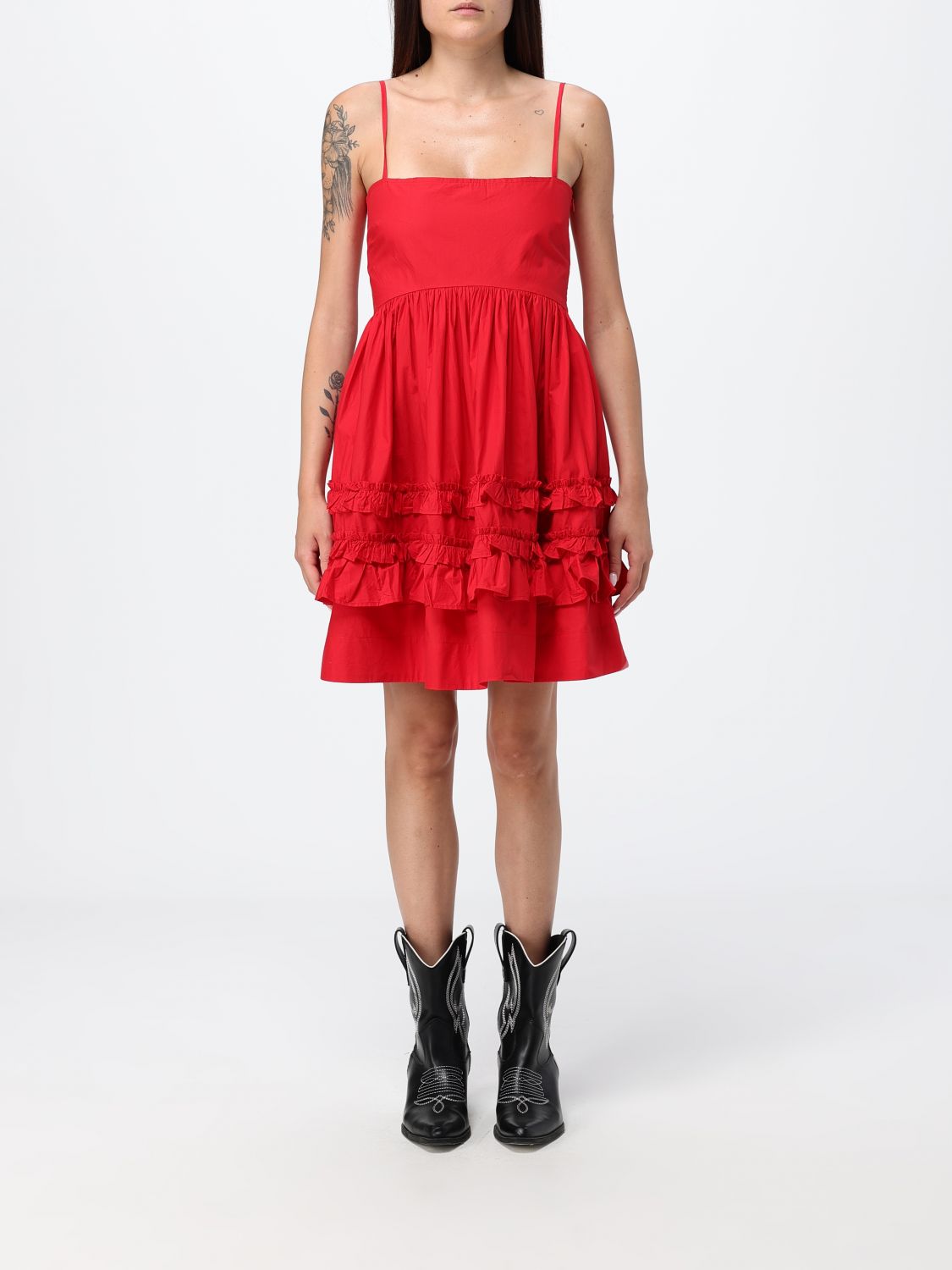 GANNI Cotton Poplin Mini Dress with Rouches and a Square Neckline