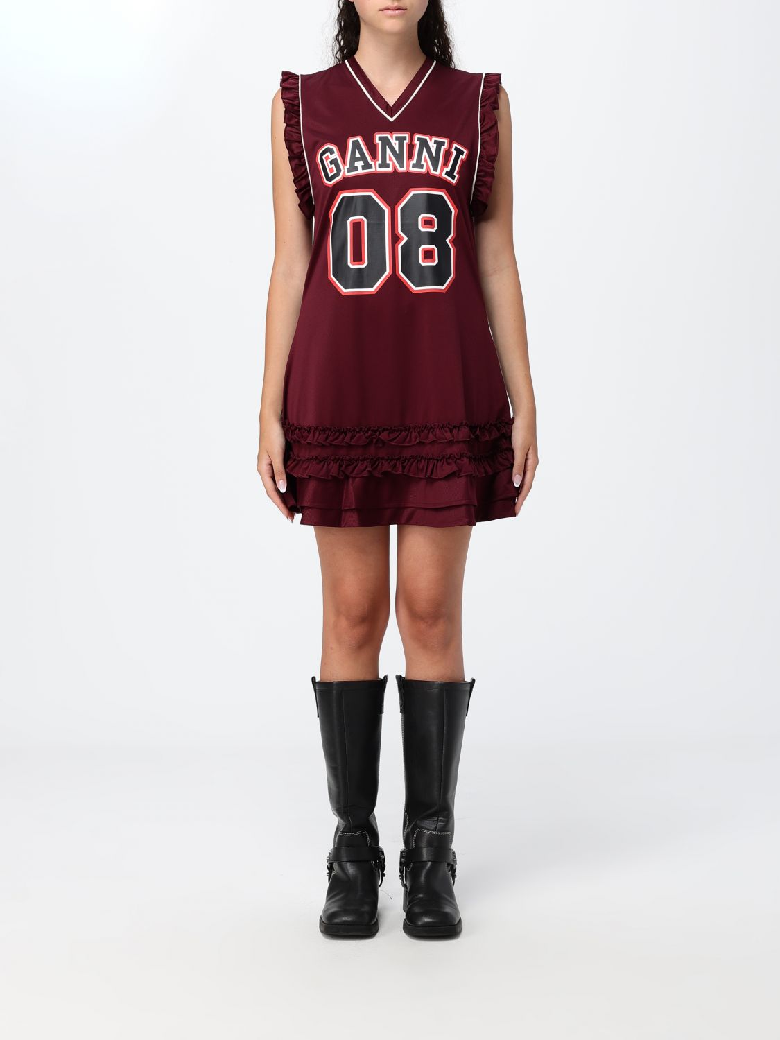 GANNI Sleeveless Cotton Mini Dress with Contrasting Logo and Flounces