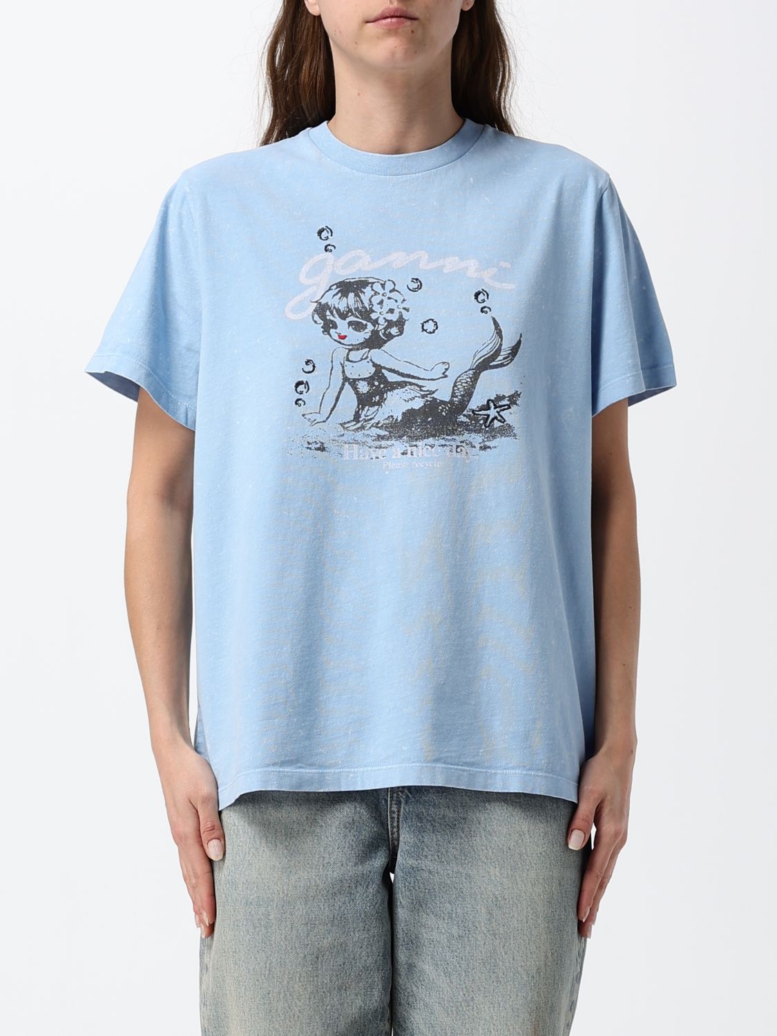 GANNI Short-Sleeved Cotton T-Shirt with Contrasting Logo Print
