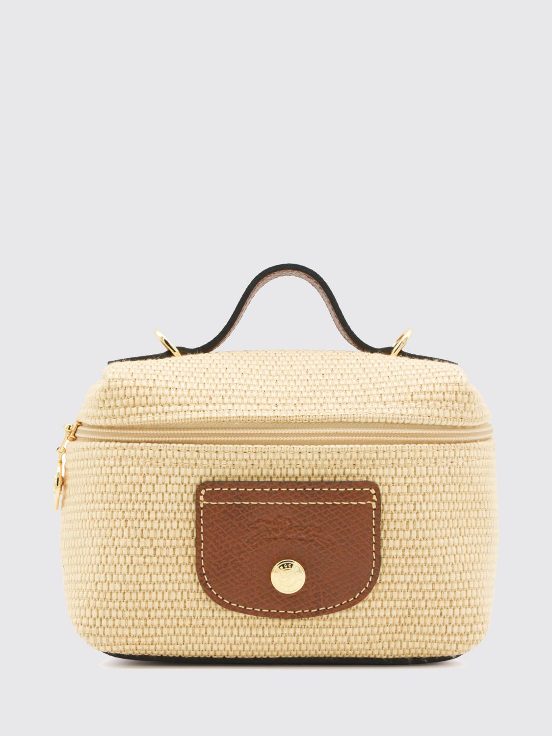 LONGCHAMP Borsa a mano mini Le Pliage in rafia con manico in pelle