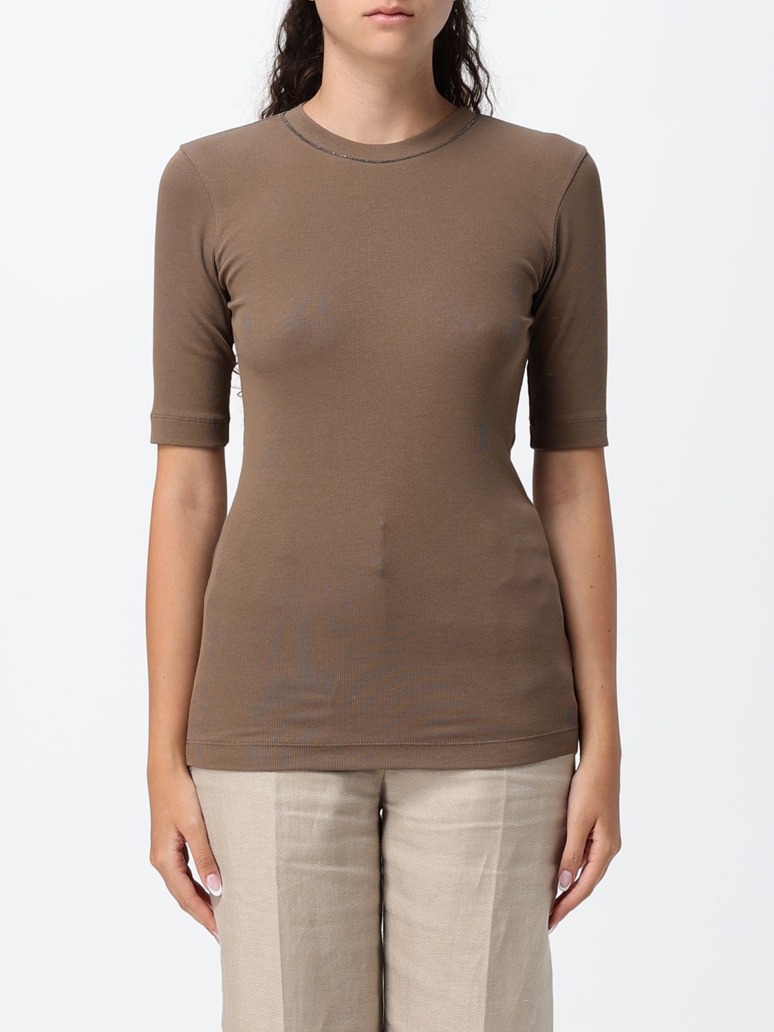 BRUNELLO CUCINELLI Stretch Cotton T-Shirt with Monili Embellishment