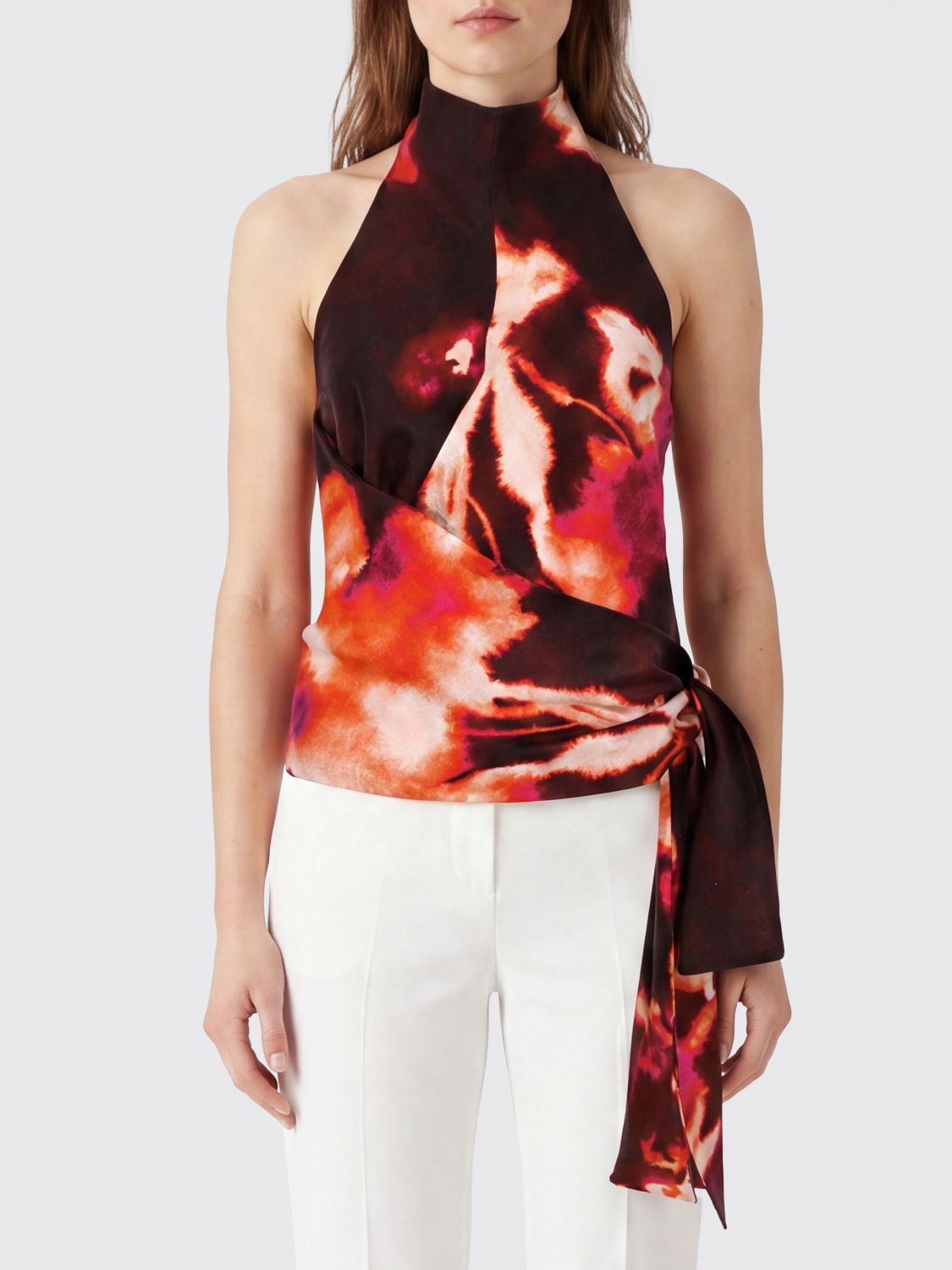 LIVIANA CONTI Top Blanca in lino con scollo all'americana e fantasia astratta