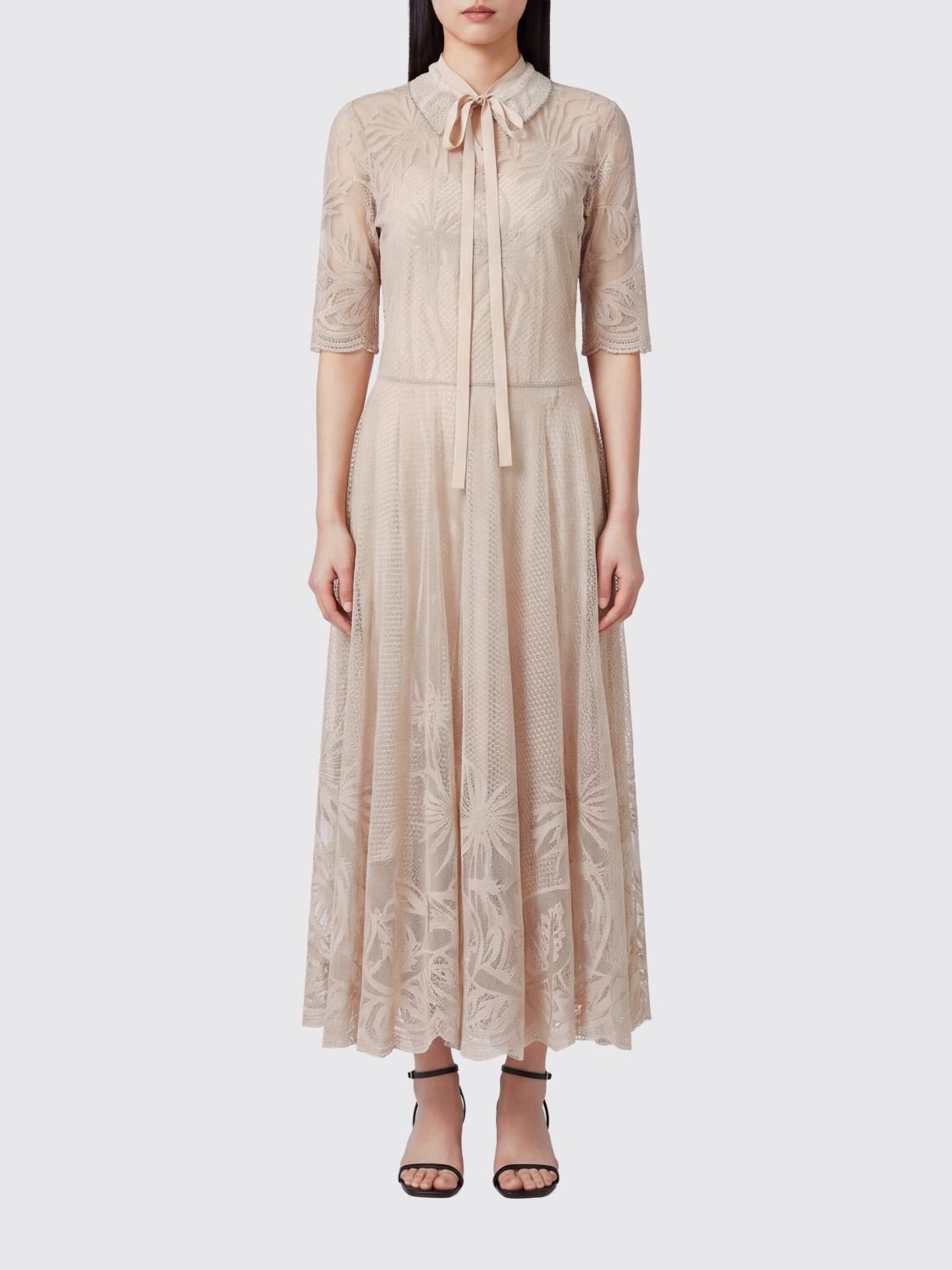 Fabiana Filippi Short-sleeved Midi Chemisier Dress In Lace With Classic Collar In 米色