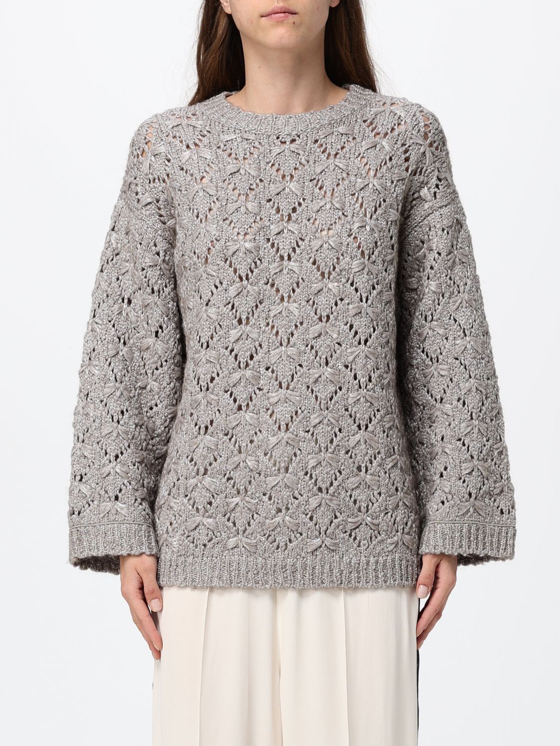 FABIANA FILIPPI Perforated Wool Blend Crewneck Jumper with Dropped Shoulders